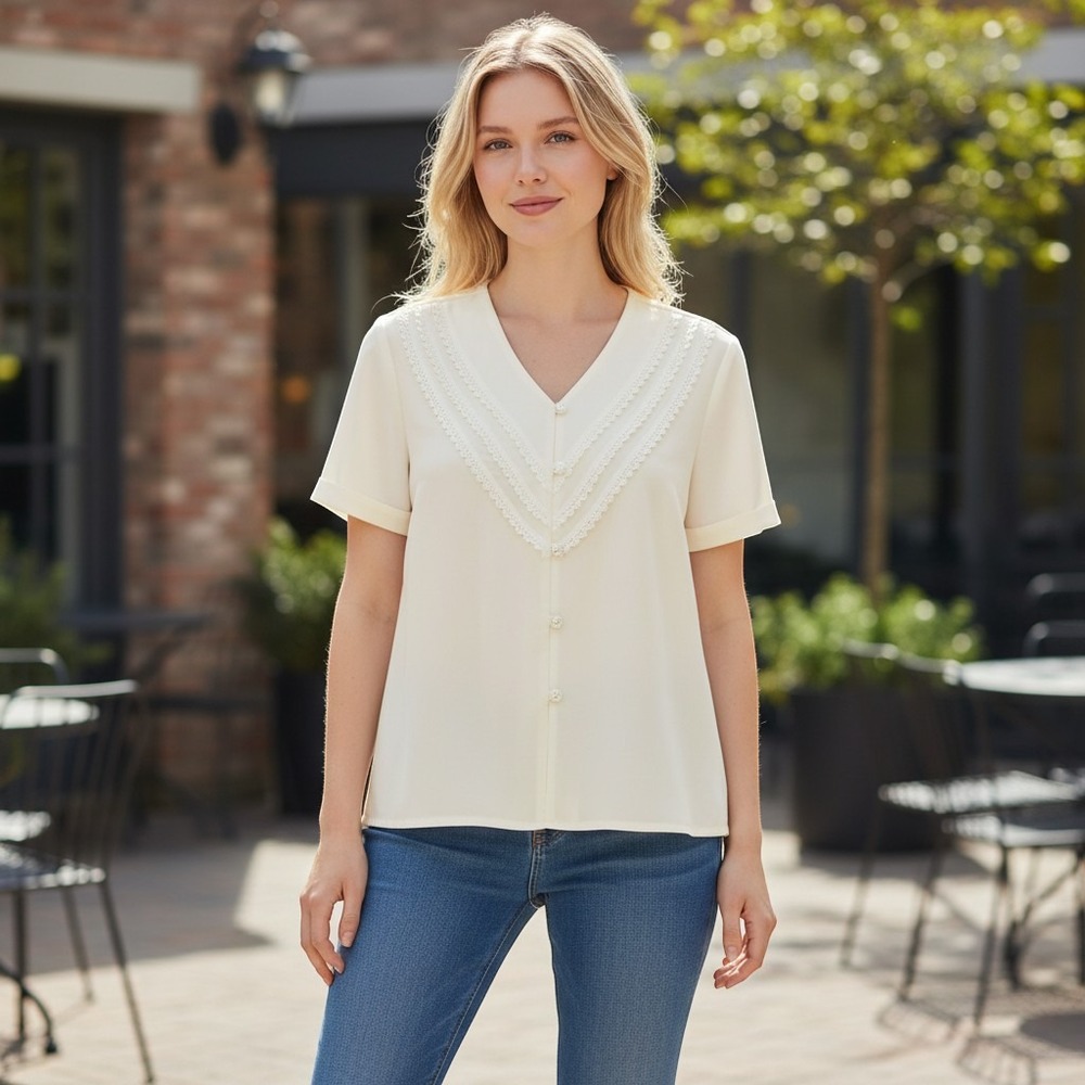Aiisa Cream Lace Trim Button Up Blouse Short Sleeve V-Neck M 90s Granny